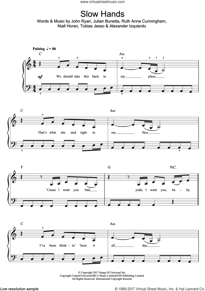 Slow Hands sheet music for piano solo (beginners) by Niall Horan, Alexander Izquierdo, John Ryan, Julian Bunetta, Ruth Anne Cunningham and Tobias Jesso, beginner piano (beginners)