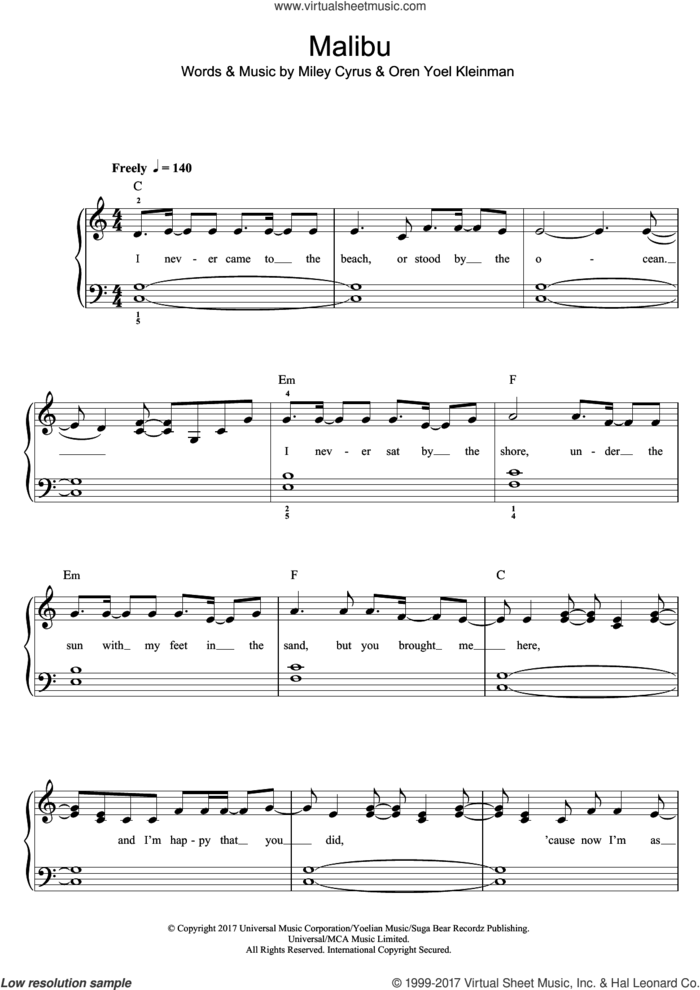 Malibu sheet music for piano solo (beginners) by Miley Cyrus and Oren Yoel Kleinman, beginner piano (beginners)