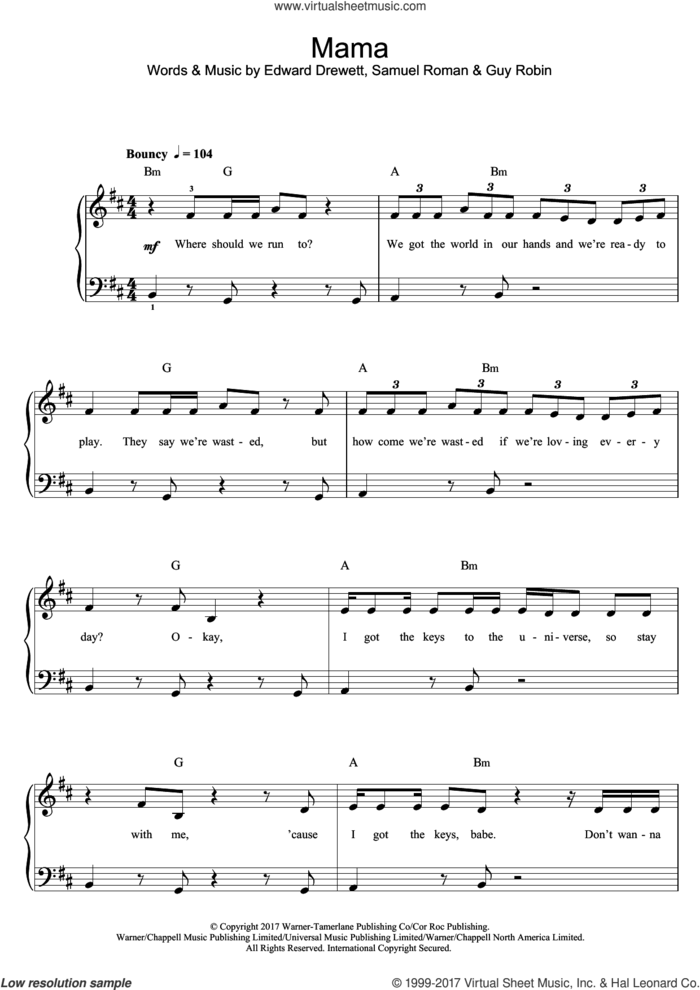 Mama (featuring William Singe) sheet music for piano solo (beginners) by Jonas Blue, William Singe, Edward Drewett, Guy Robin and Samuel Roman, beginner piano (beginners)