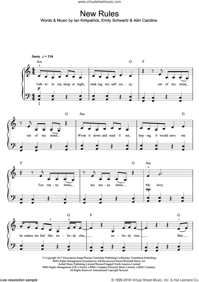 New Rules sheet music for piano solo (beginners) by Dua Lipa, Ailin Caroline, Emily Schwartz and Ian Kirkpatrick, beginner piano (beginners)