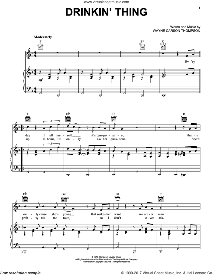 Drinkin' Thing sheet music for voice, piano or guitar by Wayne Carson Thompson, intermediate skill level