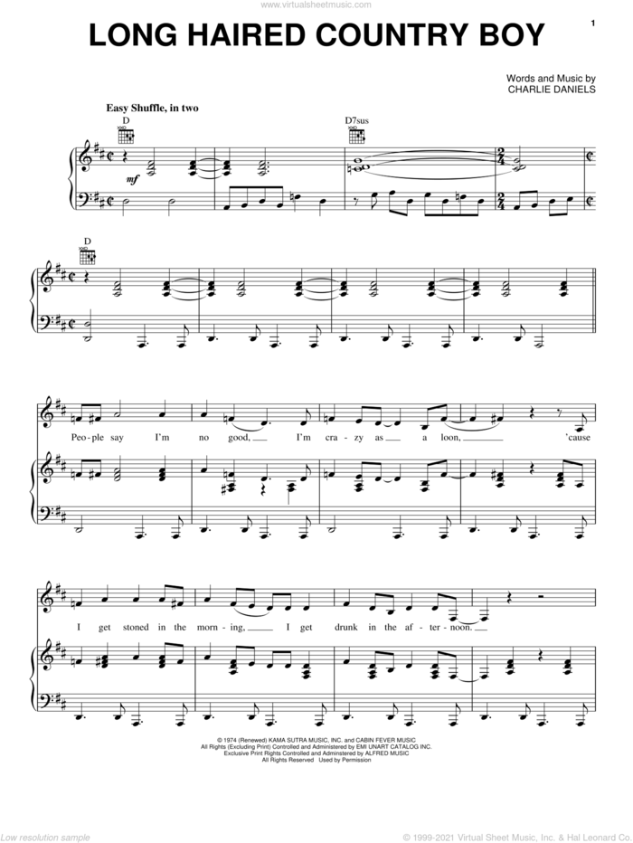 Long Haired Country Boy sheet music for voice, piano or guitar by Charlie Daniels, intermediate skill level