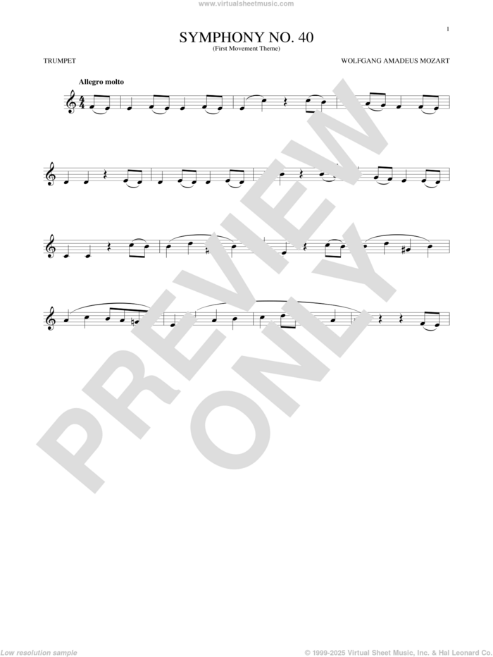 Symphony No. 40 In G Minor, First Movement Excerpt sheet music for trumpet solo by Wolfgang Amadeus Mozart, classical score, intermediate skill level