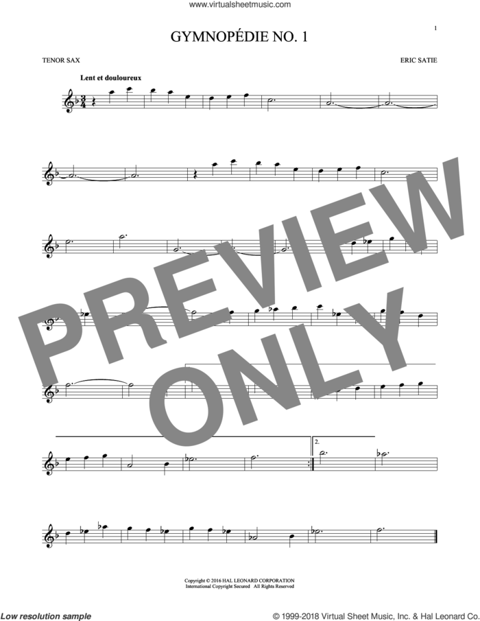 Gymnopedie No. 1 sheet music for tenor saxophone solo by Erik Satie, classical score, intermediate skill level