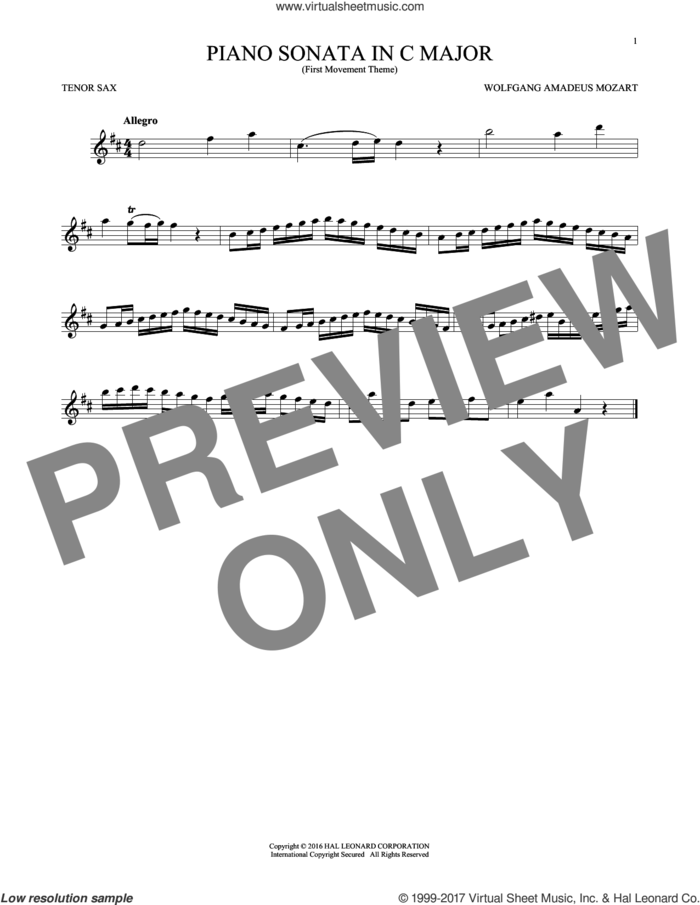 Piano Sonata In C Major sheet music for tenor saxophone solo by Wolfgang Amadeus Mozart, classical score, intermediate skill level