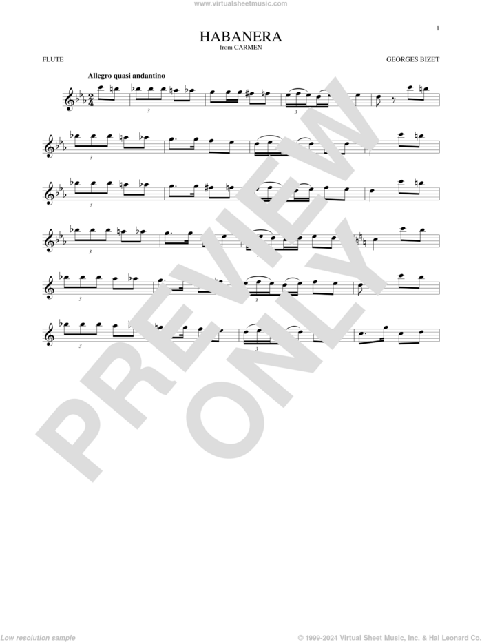 Habanera sheet music for flute solo by Georges Bizet, classical score, intermediate skill level