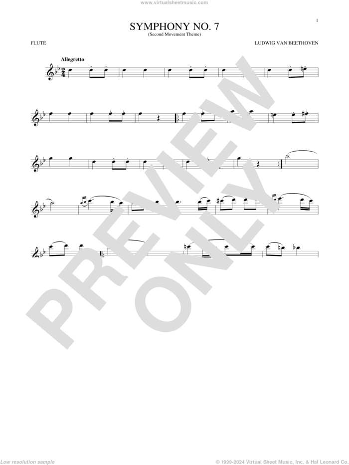 Symphony No. 7 In A Major, Second Movement (Allegretto) sheet music for flute solo by Ludwig van Beethoven, classical score, intermediate skill level