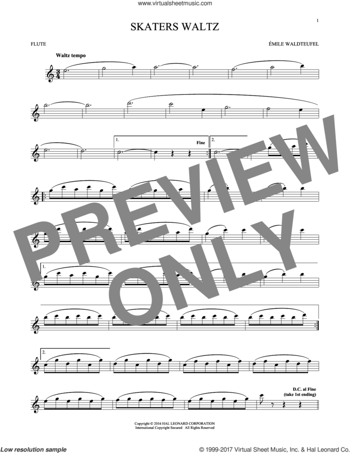The Skaters (Waltz) sheet music for flute solo by Emile Waldteufel, classical score, intermediate skill level