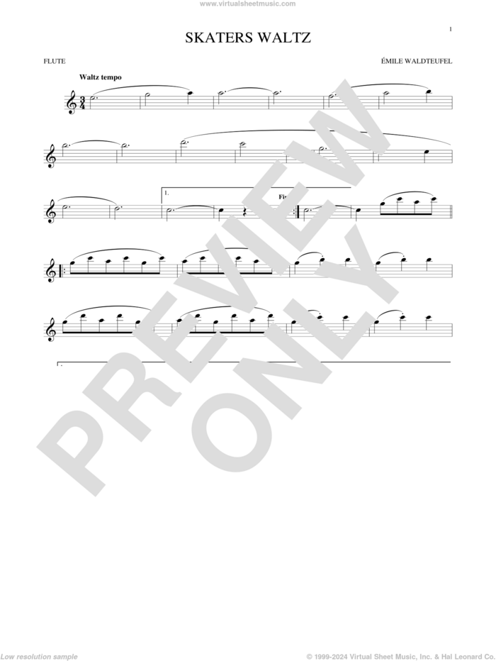 The Skaters (Waltz) sheet music for flute solo by Emile Waldteufel, classical score, intermediate skill level