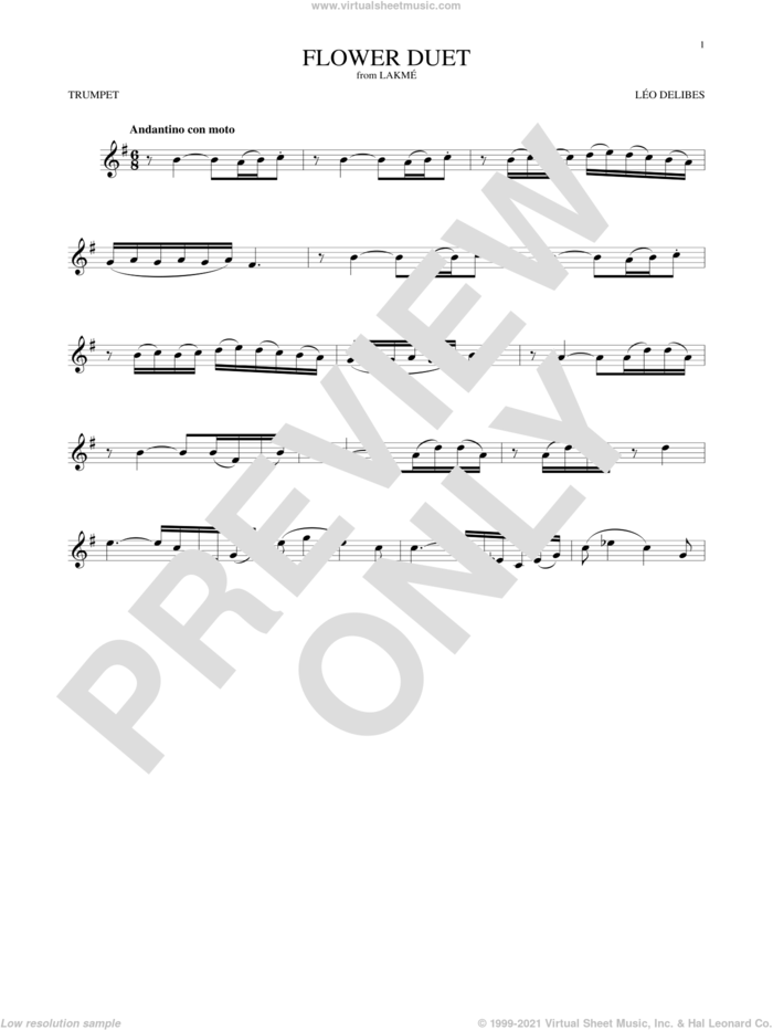 Flower Duet sheet music for trumpet solo by Leo Delibes and Leo Delibes, classical score, intermediate skill level