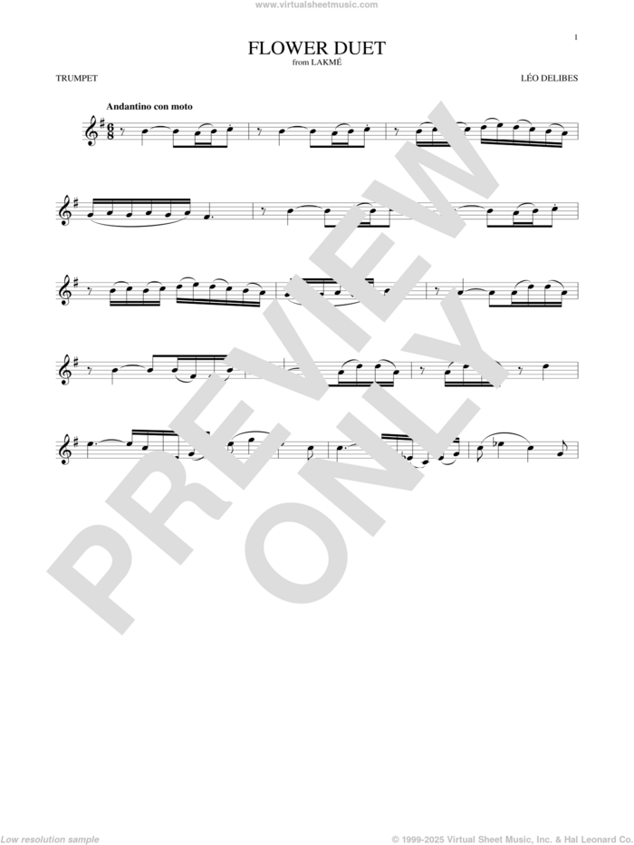 Flower Duet sheet music for trumpet solo by Leo Delibes and Leo Delibes, classical score, intermediate skill level