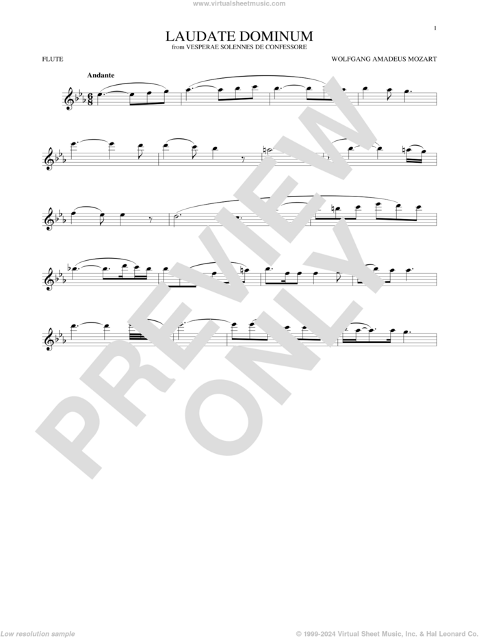 Laudate Dominum sheet music for flute solo by Wolfgang Amadeus Mozart, classical wedding score, intermediate skill level