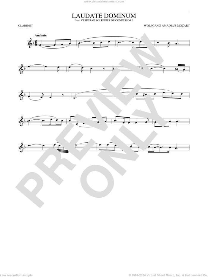 Laudate Dominum sheet music for clarinet solo by Wolfgang Amadeus Mozart, classical wedding score, intermediate skill level