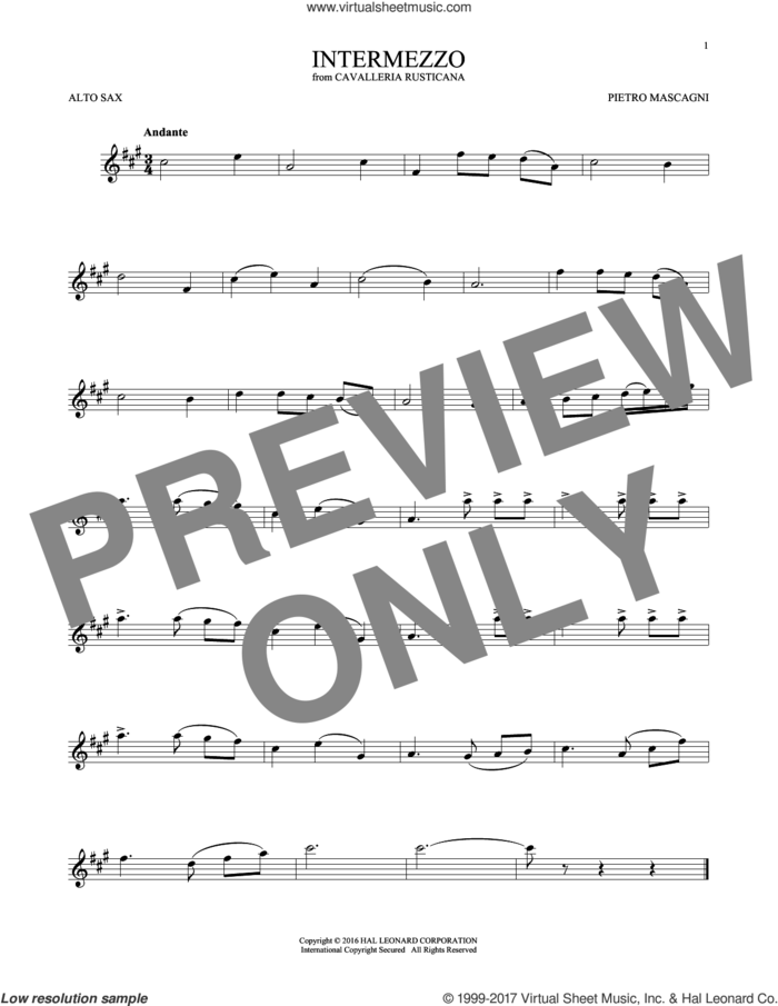 Intermezzo sheet music for alto saxophone solo by Pietro Mascagni, classical score, intermediate skill level