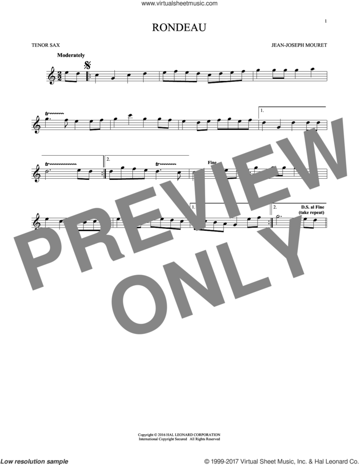 Fanfare Rondeau sheet music for tenor saxophone solo by Jean-Joseph Mouret, classical score, intermediate skill level