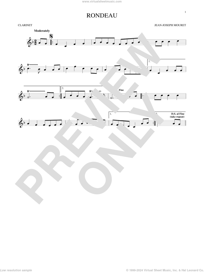 Fanfare Rondeau sheet music for clarinet solo by Jean-Joseph Mouret, classical score, intermediate skill level