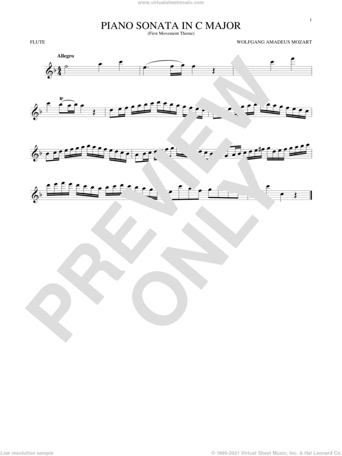 Piano Sonata In C Major sheet music for flute solo by Wolfgang Amadeus Mozart, classical score, intermediate skill level