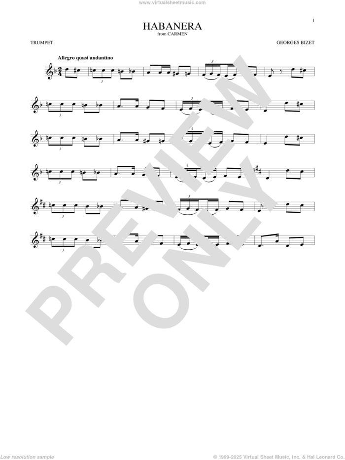 Habanera sheet music for trumpet solo by Georges Bizet, classical score, intermediate skill level