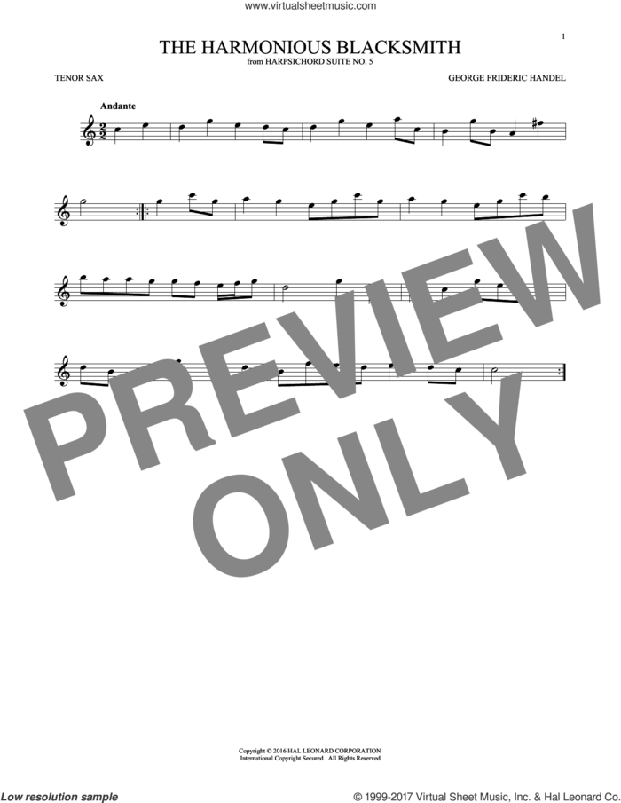 Harmonious Blacksmith sheet music for tenor saxophone solo by George Frideric Handel, classical score, intermediate skill level