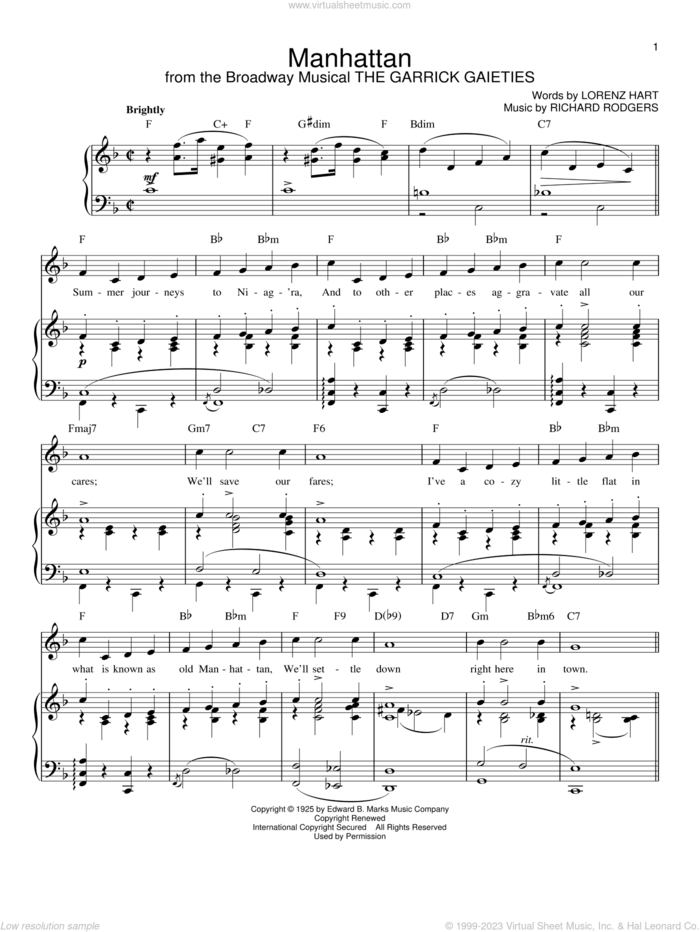 Manhattan sheet music for voice and piano by Rodgers & Hart, Lorenz Hart and Richard Rodgers, intermediate skill level