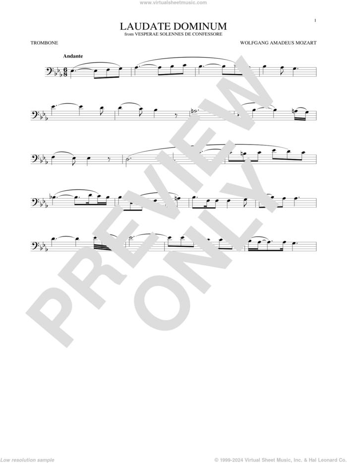 Laudate Dominum sheet music for trombone solo by Wolfgang Amadeus Mozart, classical wedding score, intermediate skill level