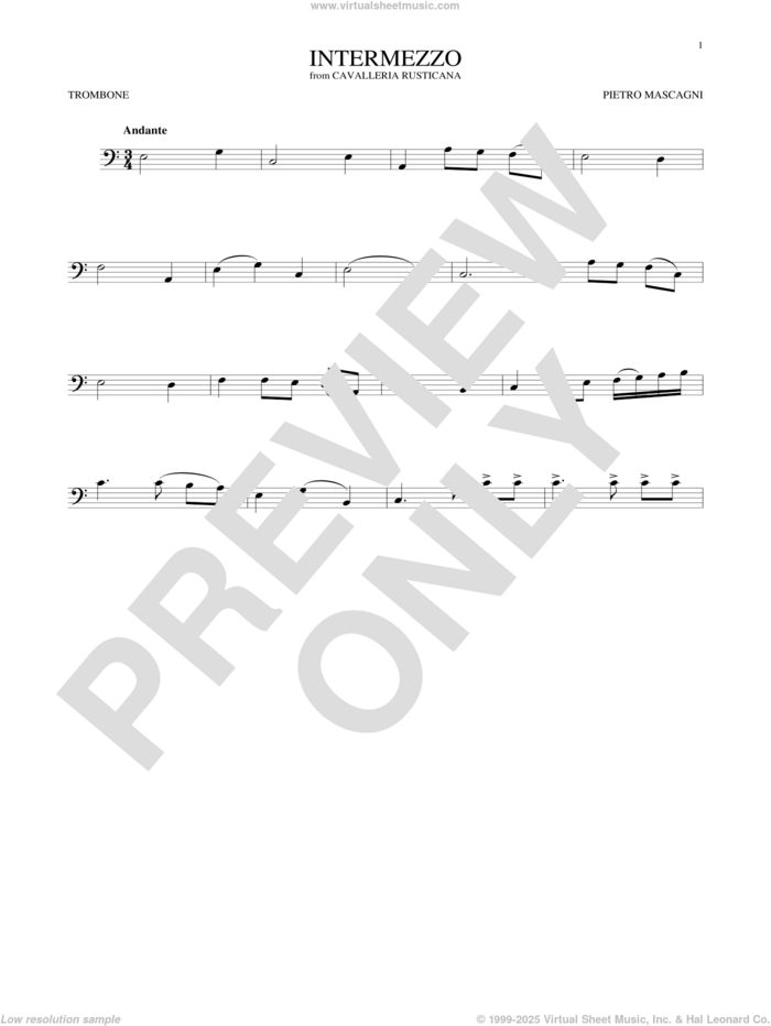 Intermezzo sheet music for trombone solo by Pietro Mascagni, classical score, intermediate skill level