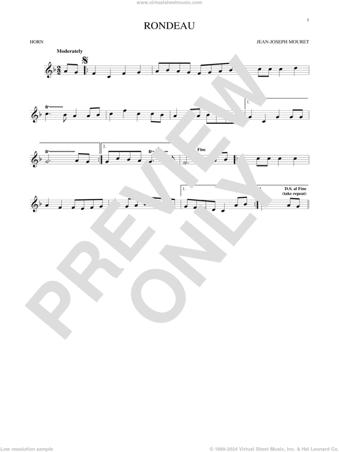 Fanfare Rondeau sheet music for horn solo by Jean-Joseph Mouret, classical score, intermediate skill level