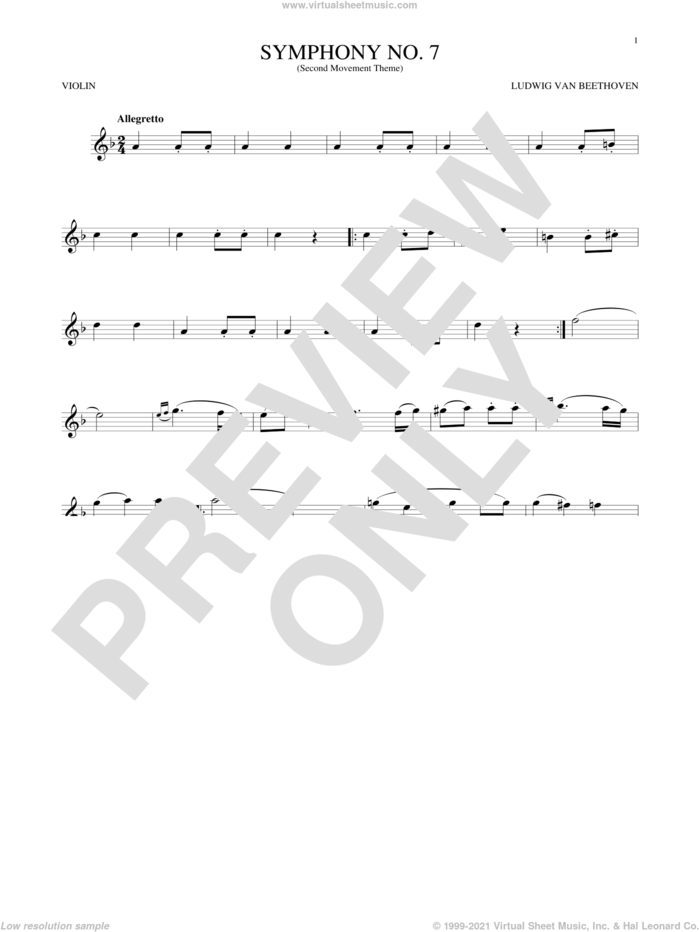 Symphony No. 7 In A Major, Second Movement (Allegretto) sheet music for violin solo by Ludwig van Beethoven, classical score, intermediate skill level