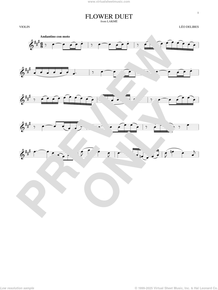 Flower Duet sheet music for violin solo by Leo Delibes and Leo Delibes, classical score, intermediate skill level