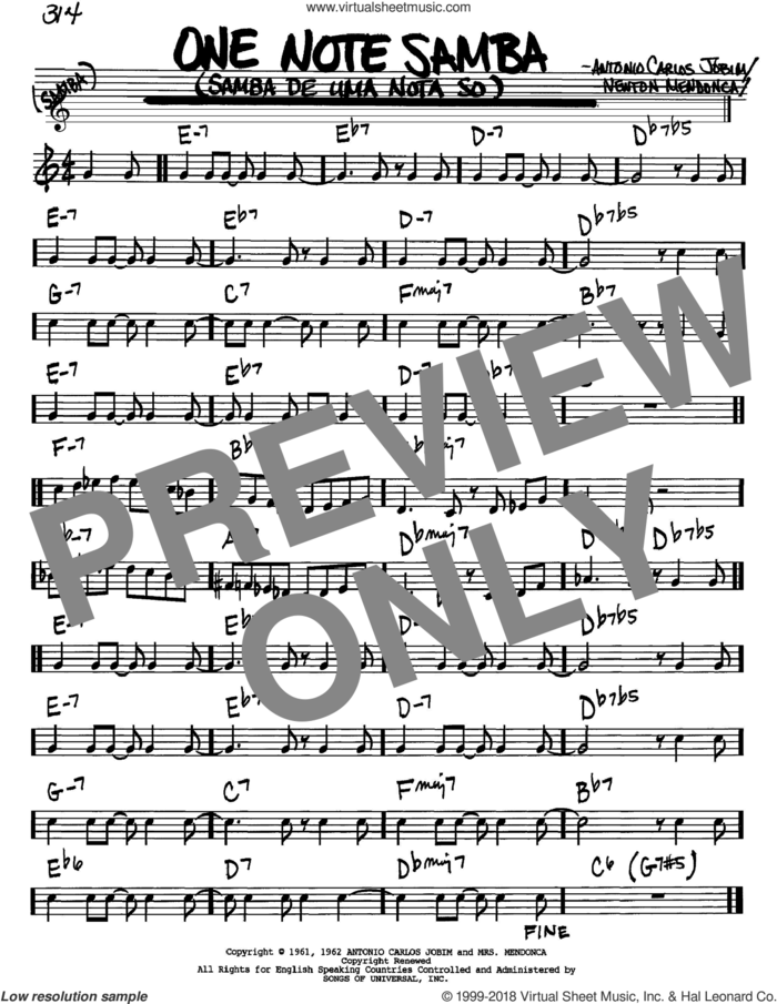One Note Samba (Samba De Uma Nota So) sheet music for voice and other instruments (in Bb) by Antonio Carlos Jobim and Newton Mendonca, intermediate skill level
