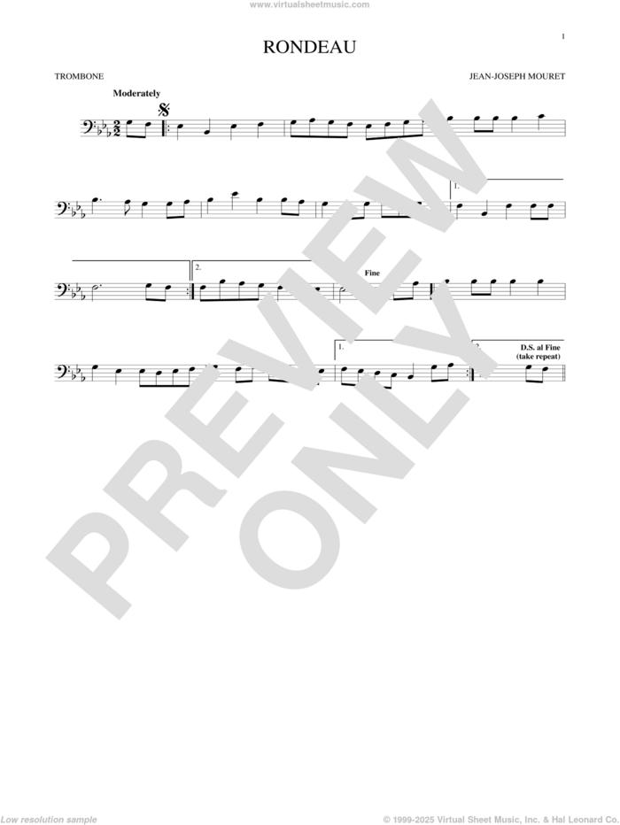 Fanfare Rondeau sheet music for trombone solo by Jean-Joseph Mouret, classical score, intermediate skill level