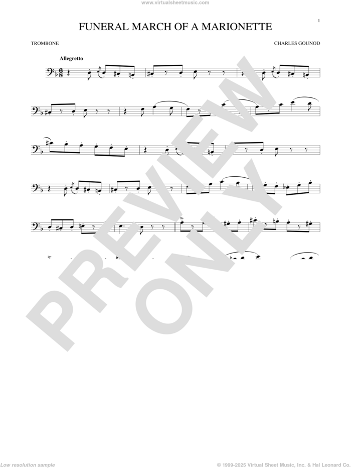 Funeral March Of A Marionette sheet music for trombone solo by Charles Gounod, classical score, intermediate skill level