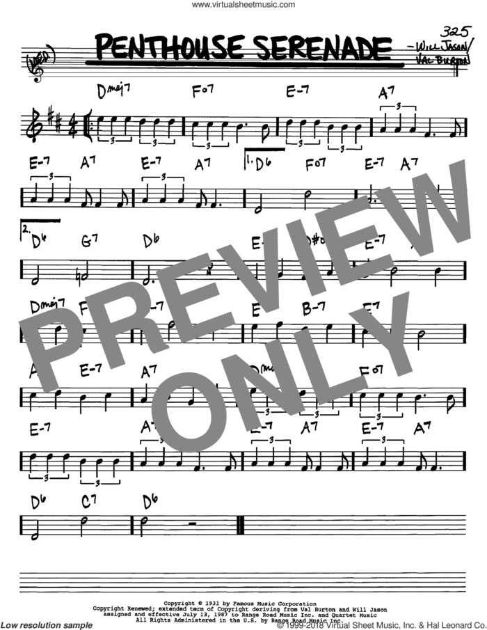 Penthouse Serenade sheet music for voice and other instruments (in Bb) by Nat King Cole, Val Burton and Will Jason, intermediate skill level