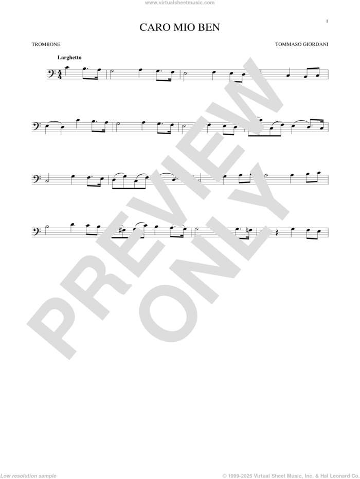 Caro Mio Ben sheet music for trombone solo by Tommaso Giordani and Anonymous Italian poem, classical score, intermediate skill level