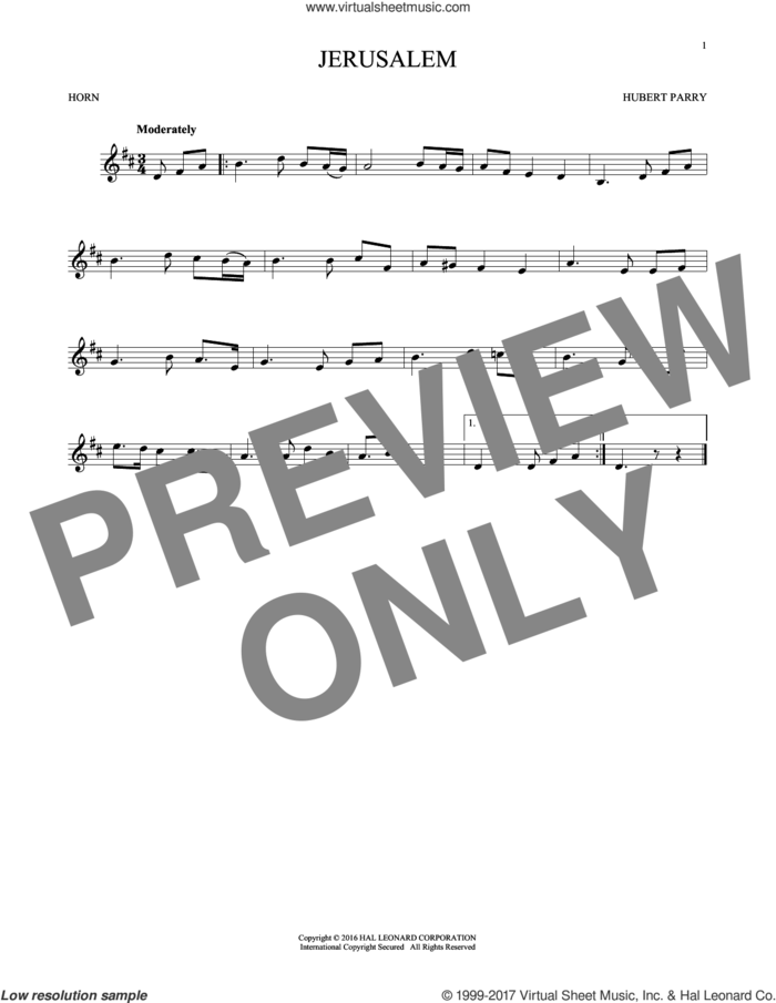 Jerusalem sheet music for horn solo by C.H. Parry, intermediate skill level
