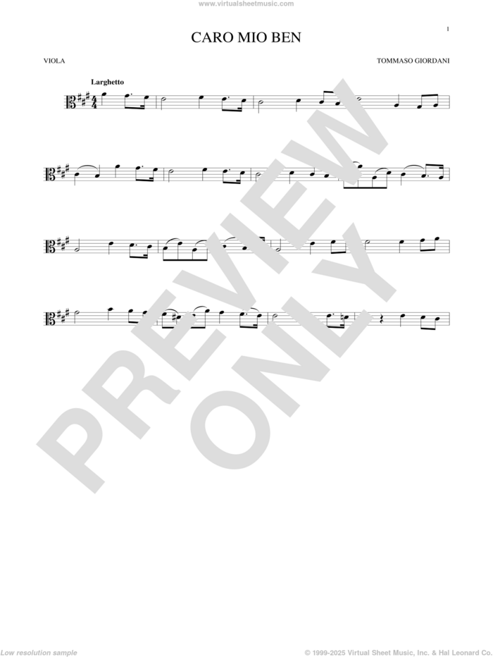 Caro Mio Ben sheet music for viola solo by Tommaso Giordani and Anonymous Italian poem, classical score, intermediate skill level