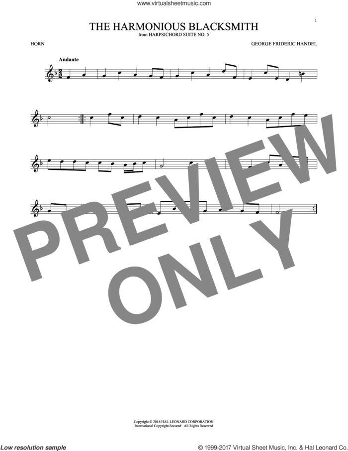 Harmonious Blacksmith sheet music for horn solo by George Frideric Handel, classical score, intermediate skill level