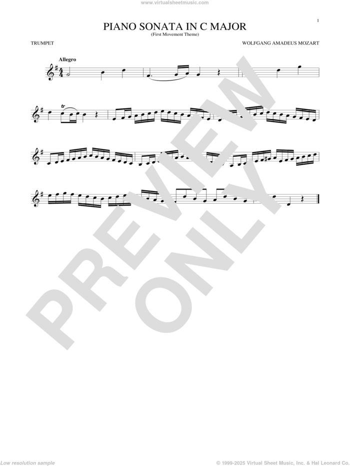 Piano Sonata In C Major sheet music for trumpet solo by Wolfgang Amadeus Mozart, classical score, intermediate skill level