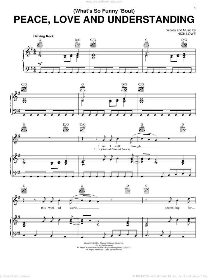 (What's So Funny 'Bout) Peace, Love And Understanding sheet music for voice, piano or guitar by Elvis Costello and Nick Lowe, intermediate skill level