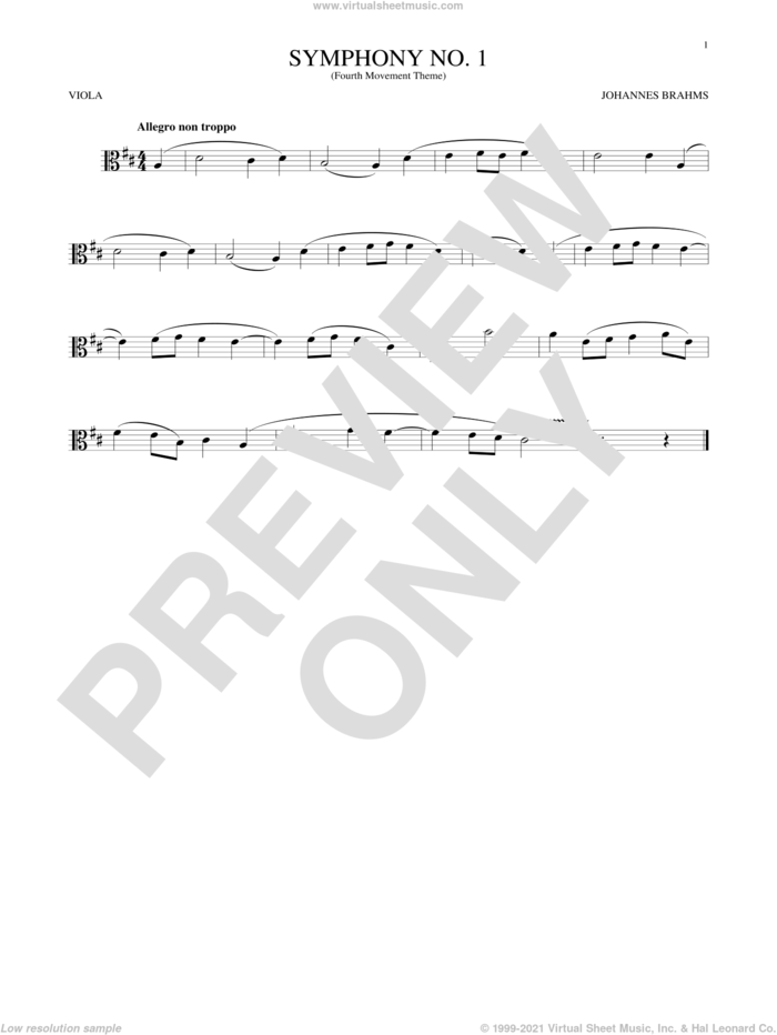 Symphony No. 1 In C Minor, Fourth Movement Excerpt sheet music for viola solo by Johannes Brahms, classical score, intermediate skill level