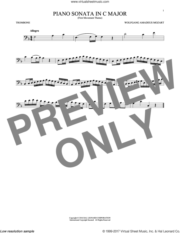 Piano Sonata In C Major sheet music for trombone solo by Wolfgang Amadeus Mozart, classical score, intermediate skill level