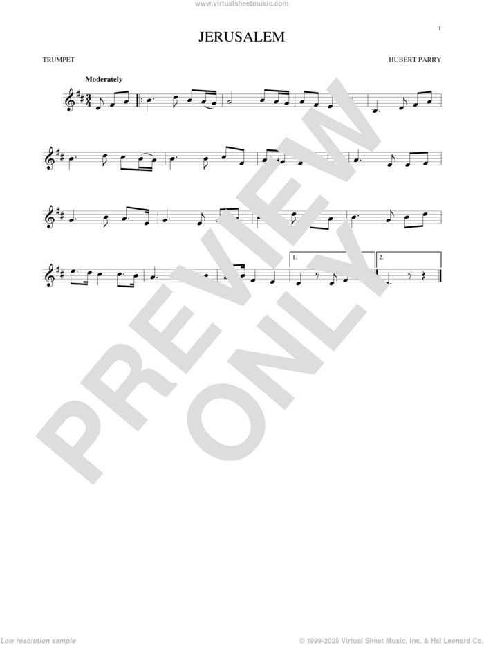 Jerusalem sheet music for trumpet solo by C.H. Parry, intermediate skill level