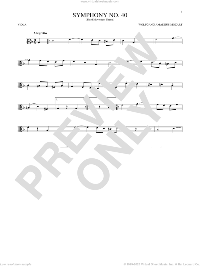 Symphony No. 40 In G Minor, Third Movement ('Minuet') sheet music for viola solo by Wolfgang Amadeus Mozart, classical score, intermediate skill level