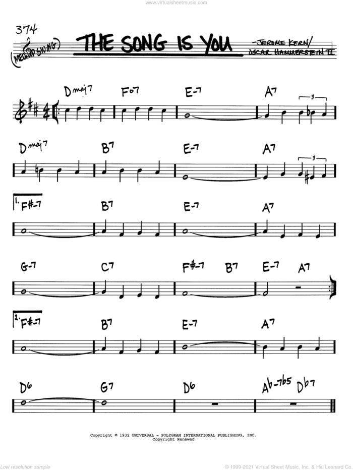 The Song Is You sheet music for voice and other instruments (in Bb) by Jerome Kern and Oscar II Hammerstein, intermediate skill level