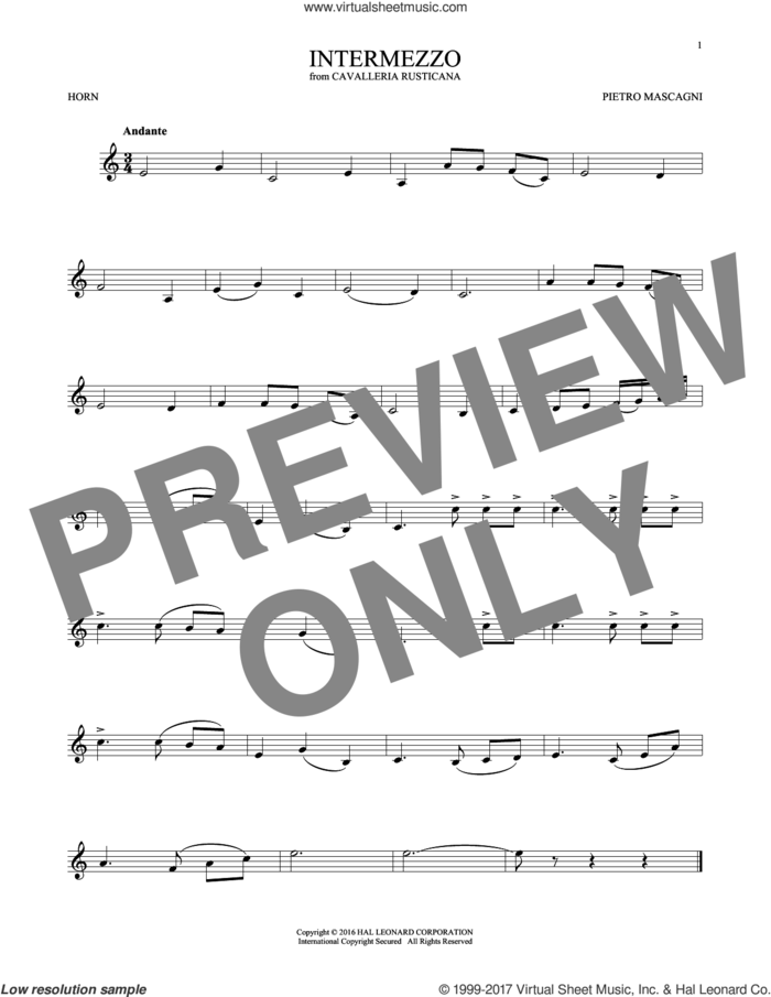 Intermezzo sheet music for horn solo by Pietro Mascagni, classical score, intermediate skill level