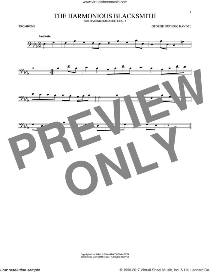 Harmonious Blacksmith sheet music for trombone solo by George Frideric Handel, classical score, intermediate skill level