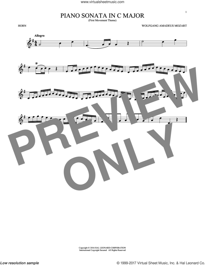 Piano Sonata In C Major sheet music for horn solo by Wolfgang Amadeus Mozart, classical score, intermediate skill level