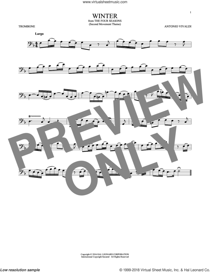 Winter (from The Four Seasons) sheet music for trombone solo by Antonio Vivaldi, classical score, intermediate skill level