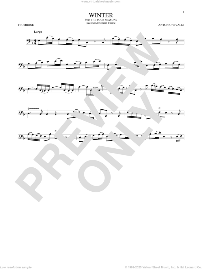 Winter (from The Four Seasons) sheet music for trombone solo by Antonio Vivaldi, classical score, intermediate skill level