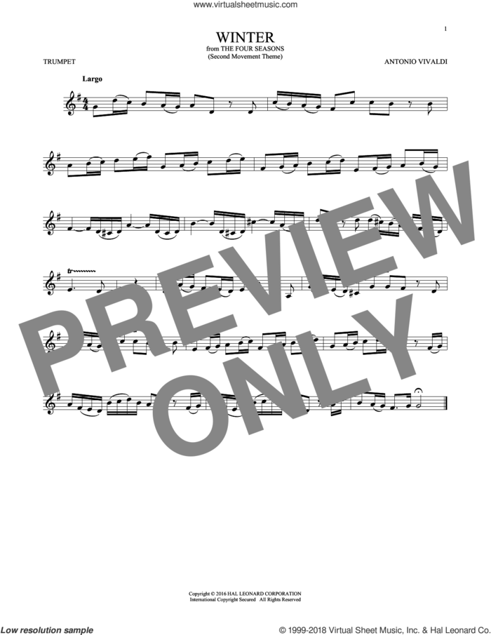 Winter (from The Four Seasons) sheet music for trumpet solo by Antonio Vivaldi, classical score, intermediate skill level
